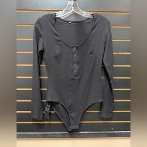 Black Ribbed Long Sleeve Henley Bodysuit M NWT